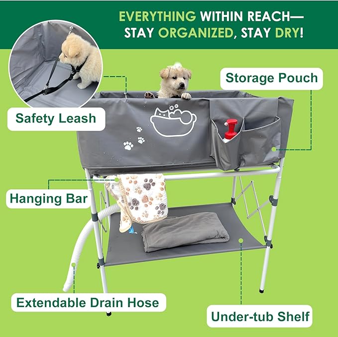 Elevated Dog Bathtub, Portable Dog Washing Station for Home with Towel Bar & Storage, Folding Pet Bath Tub for Small & Medium Dogs-PawvioPets