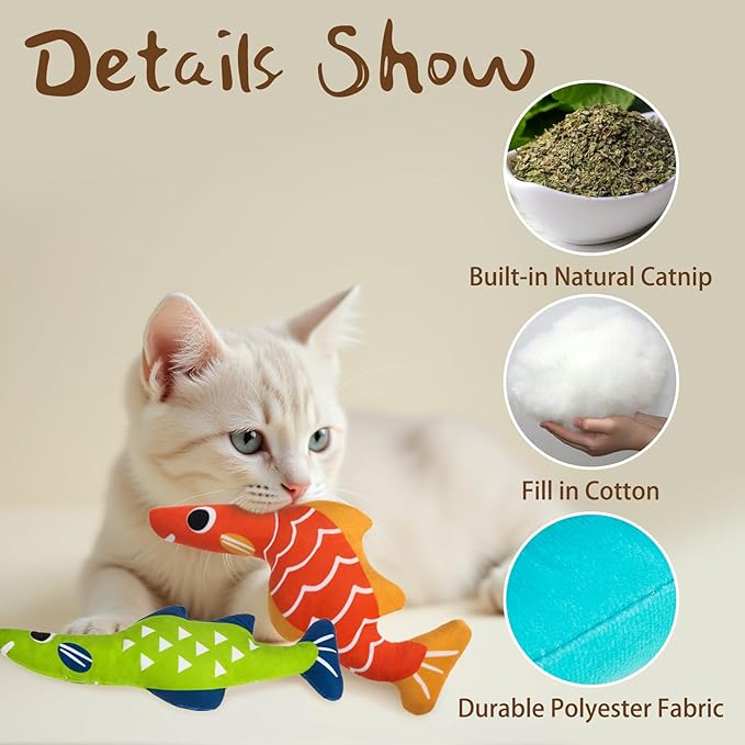 EXPAWLORER Catnip Cat Toys Fish,4 Pcs Durable Cat Kicker Toy with Natural Catnip Cotton,Interactive Bite Resistant Soft Pillow Filled for Indoor Cats Kitten Playing,Drives Bored Cats Crazy with Fun-PawvioPets