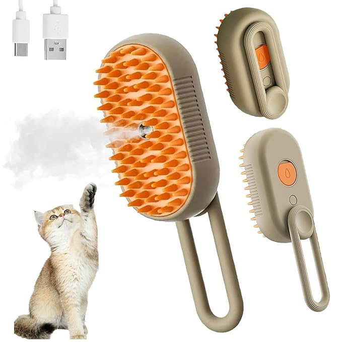 4 in 1 Cat Steam Brush,cat brushes for indoor cats,Rechargeable Steam Cat with Steam,Anti-Static Steam Pet Brushes for Dogs Cats(Khaki)-PawvioPets