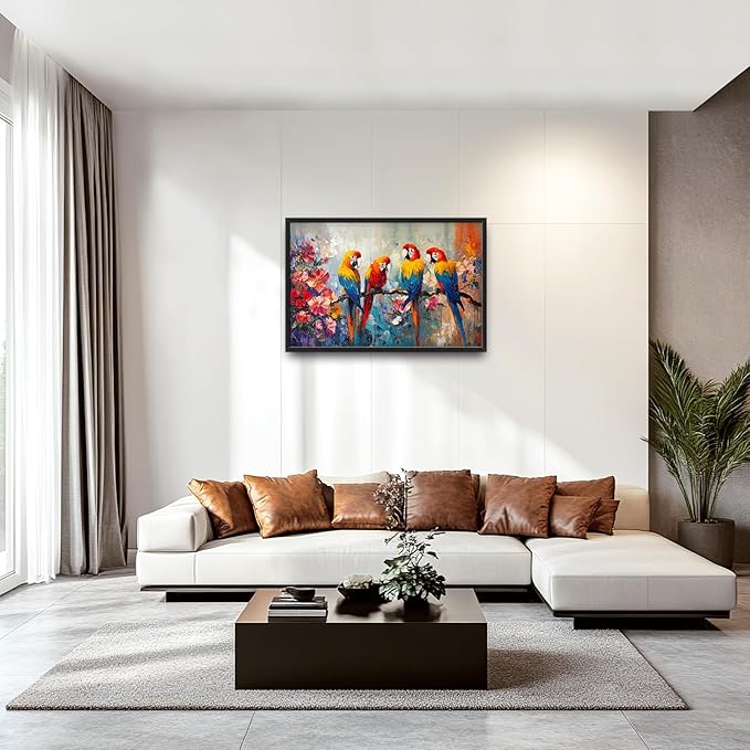 Extra Large Framed Parrot Bird Wall Art,Oversized Abstract Colorful Parrots Flower Wall Decor Pictures for Living Room,Canvas Print Painting Modern Artwork Bedroom Office Bathroom Home Decor 36L x24W-PawvioPets