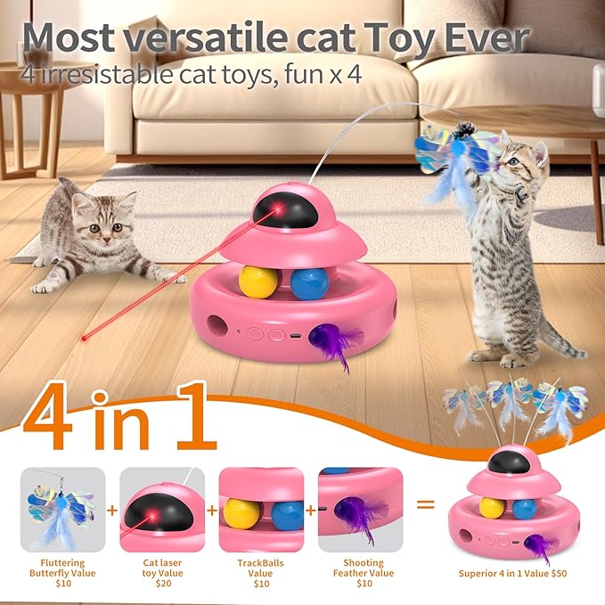 Automatic Cat Toys,4-in-1 InteractiveCat Toys for Bored Indoor Adult Cats, Electric Flying Butterfly,Rechargeable Moving Ambush Feather,Pink Kitter Toy Track Balls-PawvioPets