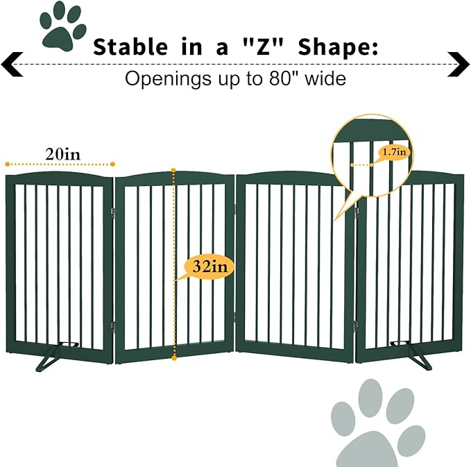 Freestanding Pet Gate for Dogs, Indoor Wooden Dog Gate for House, Foldable Dog Gate for Doorway, Stair, Step Over Pet Puppy Safety Fence Tall, 80 Inch Wide, 4 Panels 32", Green-PawvioPets