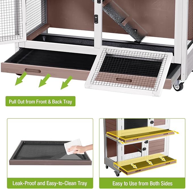 2-Story Rabbit Hutch Indoor Bunny Cage Wooden Guinea Pig House with Chew-Proof Ramp, Leakproof Slide-Out Trays, Lockable Caster Wheels for 1-3 Rabbits (Brown)-PawvioPets