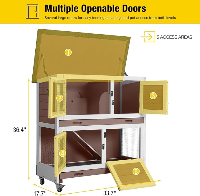 Aivituvin 2-Tier Rabbit Hutch with Tarp Door and Wheels Bunny Cage Indoor Outdoor Guinea Pig Cage Expandable with Pet Playpen 36" L, Brown-PawvioPets