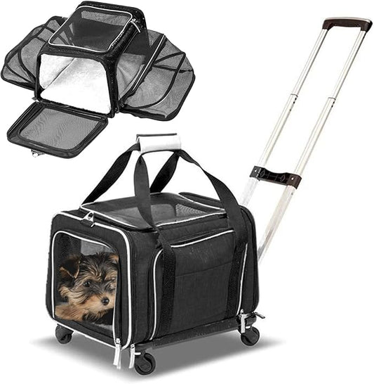 Airline Approved Expandable Premium Pet Carrier on Wheels- Two Sided Rolling Carrier- Designed for Dogs & Cats- Extra Spacious Soft Lined Carrier! (Black) (RL-PET-CARRIER-WHEELS)-PawvioPets