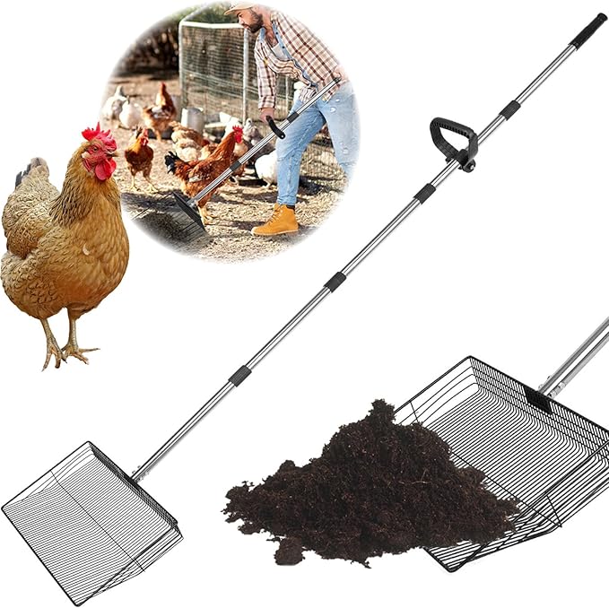 15 inch Large Chicken Poop Scooper with Ergonomic Grip, 6 in 1 Detachable Chicken Scooper for Poop Shovel (20 to 79"), Stainless Steel Sifting Shovel for Chicken Coop/Goat Stall/Stable Cleaning Tool-PawvioPets