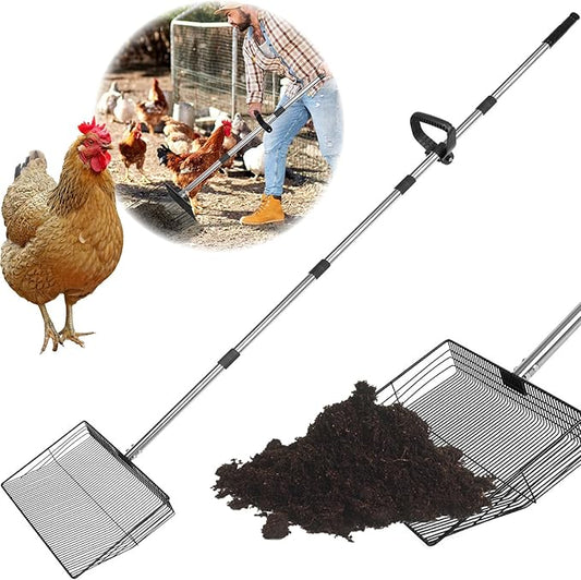 15 inch Large Chicken Poop Scooper with Ergonomic Grip, 6 in 1 Detachable Chicken Scooper for Poop Shovel (20 to 79"), Stainless Steel Sifting Shovel for Chicken Coop/Goat Stall/Stable Cleaning Tool-PawvioPets