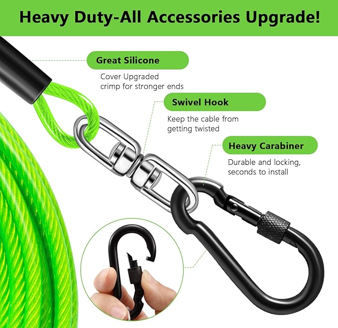 Dog Tie Out Cable 10FT-500Lbs,Heavy Duty Dog Leads&Tether for Yard with Swivel Hook,Small Large Dogs Leash Line for Outside,Rust Chew Proof Dogs Run Cable for Outdoor Camping (Green, 10FT)-PawvioPets
