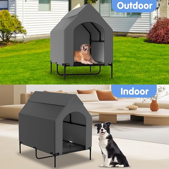 48” Extra Large Dog House-2-in-1 Extra Large Dog House with 8.5” Elevated Dog Bed-Weatherproof Waterproof Outdoor Dog House,Easy to Clean-PawvioPets
