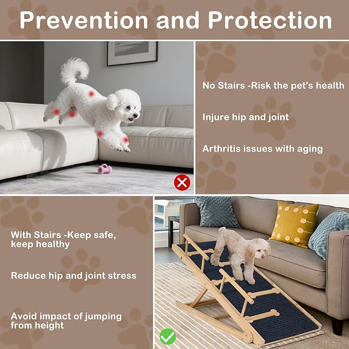 Dog Ramp for Bed, Non-Slip Pet Ramp with 5 Adjustable Heights, Portable Foldable Wooden 40" Long Pet Stairs for Small & Large Old Dogs & Cats - Lightweight & Easy Storage-PawvioPets