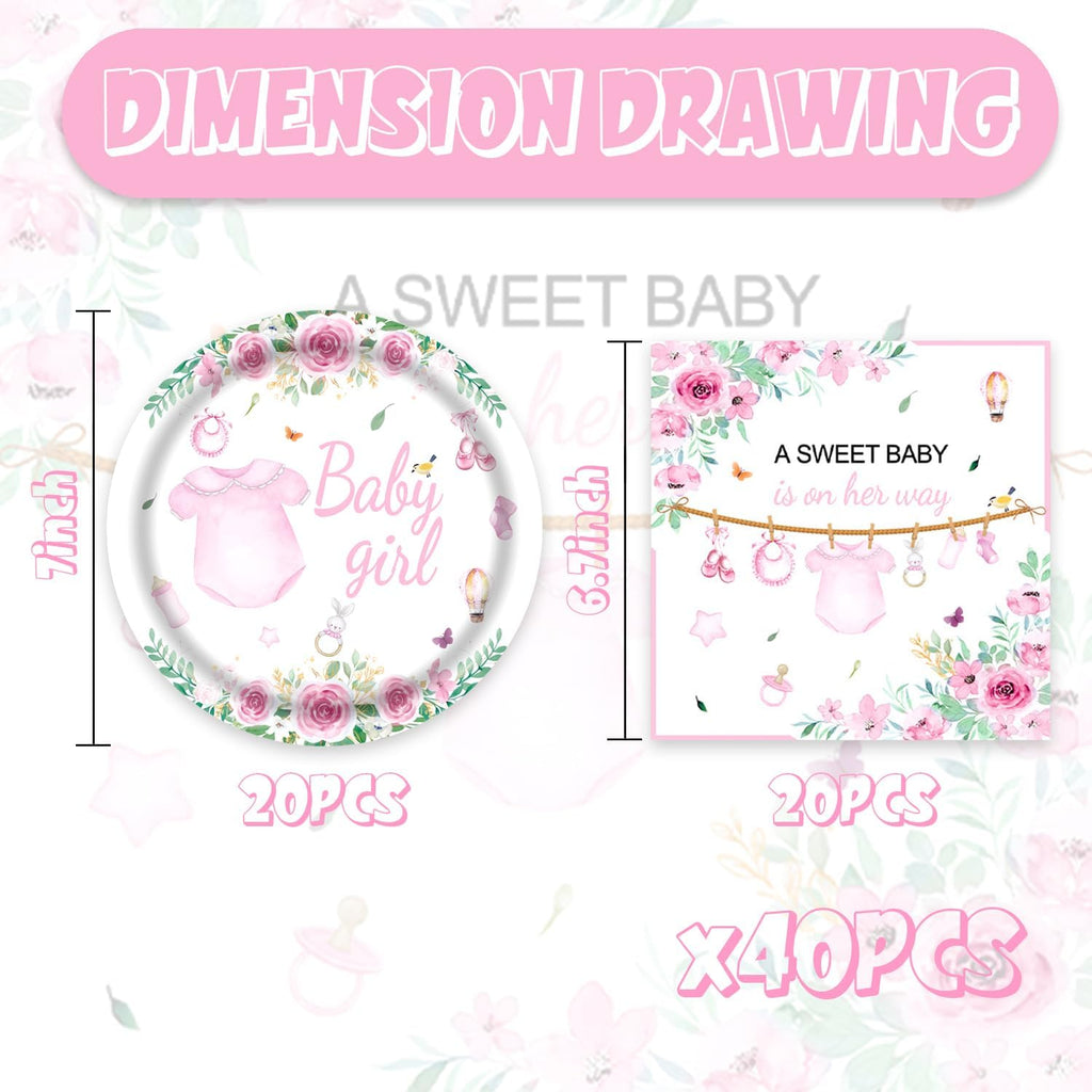 40pcs Pink Floral Baby Shower Decorations Girl Gender Reveal Supplies,Spring Rose Pink Baby Shower Plates and Napkins,Suitable for 20 Guests