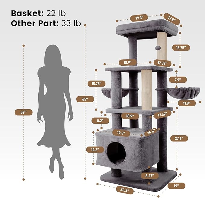 Gardner Pet 65in Heavy Duty Cat Tree Tower for Large Cats, Multi-Level Cat Furniture with Replaceable Sisal Scratching Post, Hammock | Extra-Large Platform & Condo (Upgraded Grey)-PawvioPets