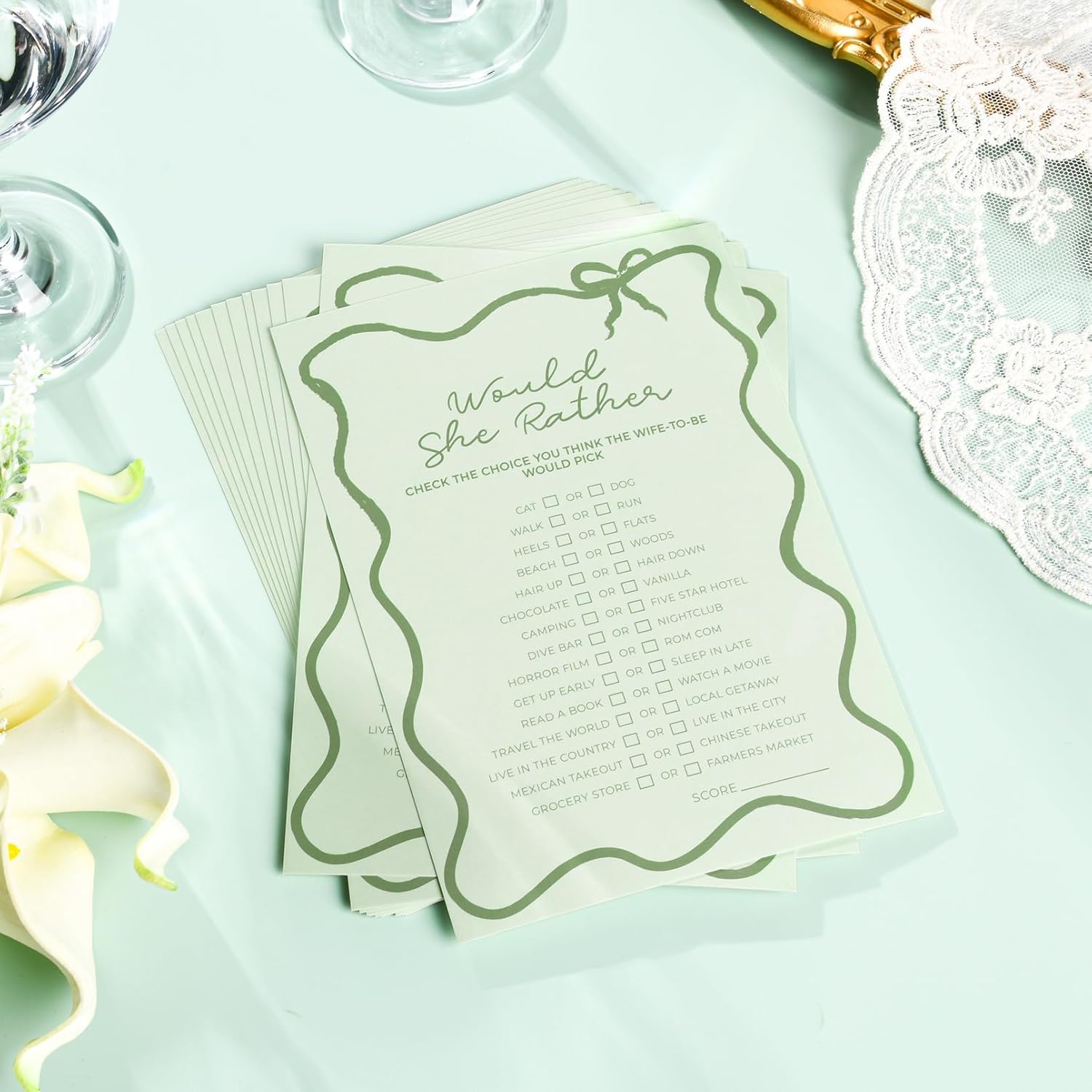 DEEKA 30 PCS Bridal Shower Games Card for 30 Guests Sage Green Wavy Border Ribbon Bow Funny Wedding Bachelorette Party Games for Reception (Would She Rather)