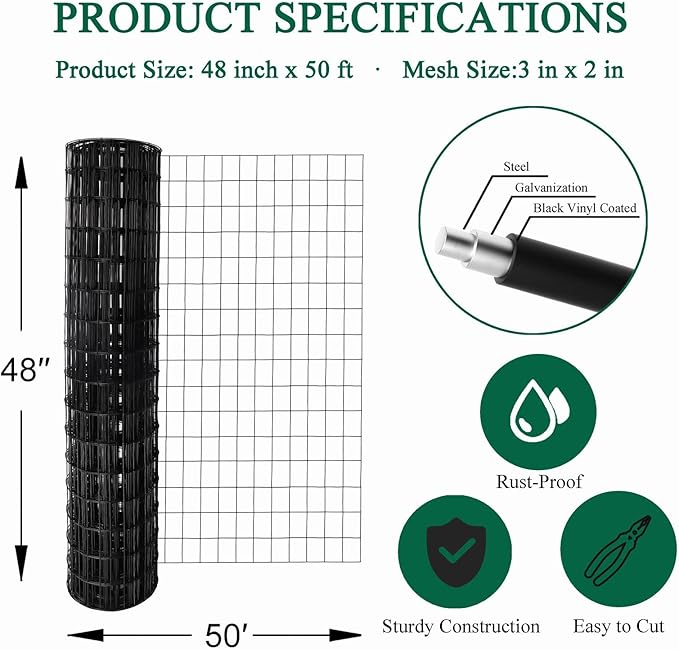 Black PVC Coated Welded Wire Fence 48 Inch x 50 Foot, 2 Inch x 3 Inch 16GA, Garden Border Fencing Roll Vinyl Coating Metal Wire Mesh for Yard Vegetable Plant Protection Poultry Netting-PawvioPets