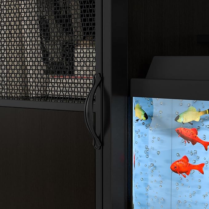 Fish Tank Stand, Modern Aquarium Stand with Built-in Cabinet and Shelves - Sleek Black Iron and Wood Grain Design for Stylish Home Décor（ 51.97" x W 19.69" x H 31.5"） Black-PawvioPets
