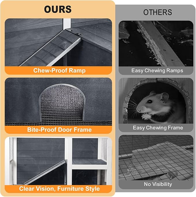 2-Story Guinea Pig Cage with Stand, Indoor Wooden Hamster Cage with Ramp, Pull-Out Tray, Hideout & Platform, Acrylic Transparent Small Animal Habitat for Chinchillas, Ferrets, Hedgehogs,Grey-PawvioPets