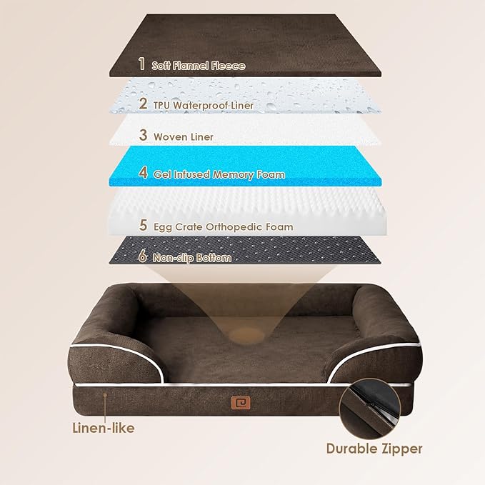 EHEYCIGA Orthopedic Dog Beds for Extra Large Dogs, Waterproof Memory Foam XL Dog Bed with Sides, Non-Slip Bottom and Egg-Crate Foam Big Pet Couch Bed with Washable Removable Cover, Brown-PawvioPets