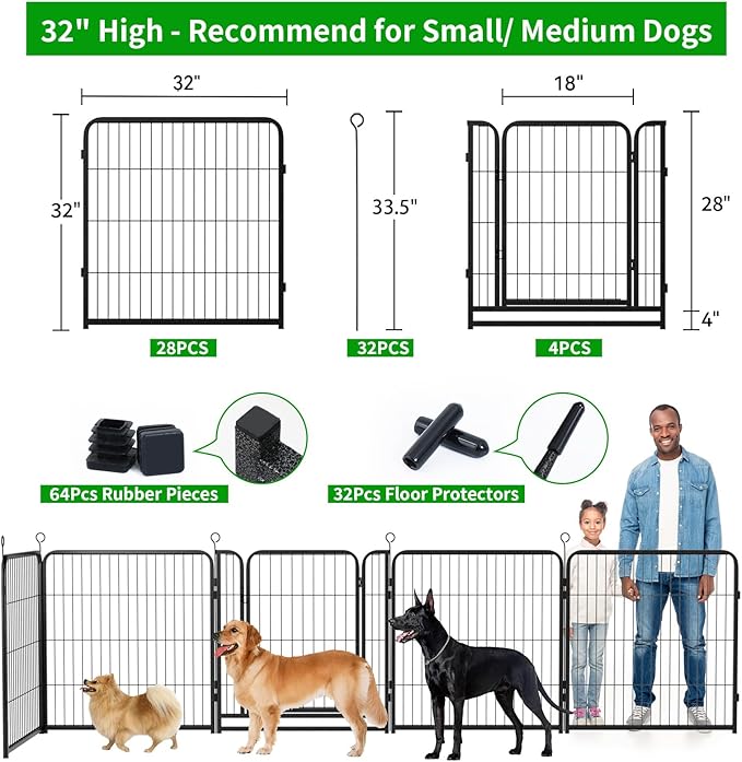 Dog Playpen Outdoor Extra Wide 32 Panels Heavy Duty Dog Fence 32" Height Anti-Rust with Doors Portable for RV Camping Yard, Total 84FT, 561 Sq.ft, Snowy Black-PawvioPets