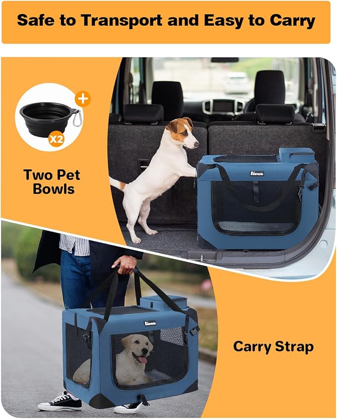 Extra Large Dog Crate with 2 Foldable Bowl, 40 Inch Collapsible Travel Dog Crate Kennel with Soft Blanket for Medium Dogs,Indoor & Outdoor (40" L x 27" W x 27" H, Navy)-PawvioPets