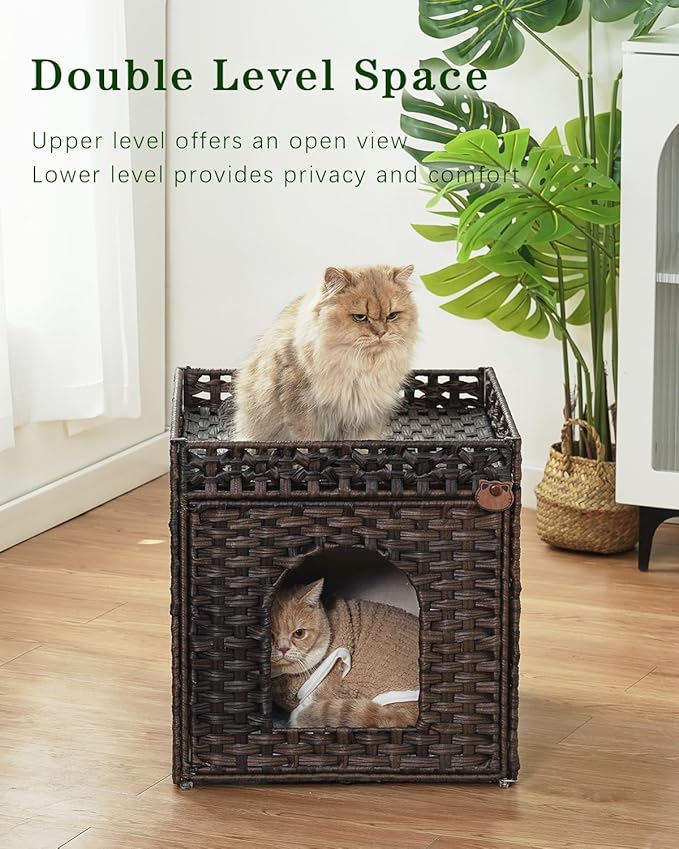 Cat Beds for Indoor Cats Extra Large Double Cat Cave Pet Cube, Handwoven Rattan Cat Houses with Double-Sided Soft Cushions, 18.5 x 20.5 x 19.1 Inches Foldable Hideaway in Living Room Brown-PawvioPets