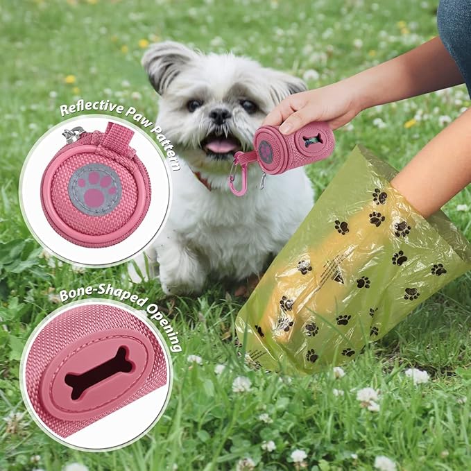 Dog Poop Bag Holder for Leash Doggie Waste Bag Dispenser Soft Fabric Puppy Potty Carrier Small Doggy Zipper Pouch with Carabiner Clip 1680D Nylon Oxford with 1 Roll of Pet Trash Bags, Pink-PawvioPets