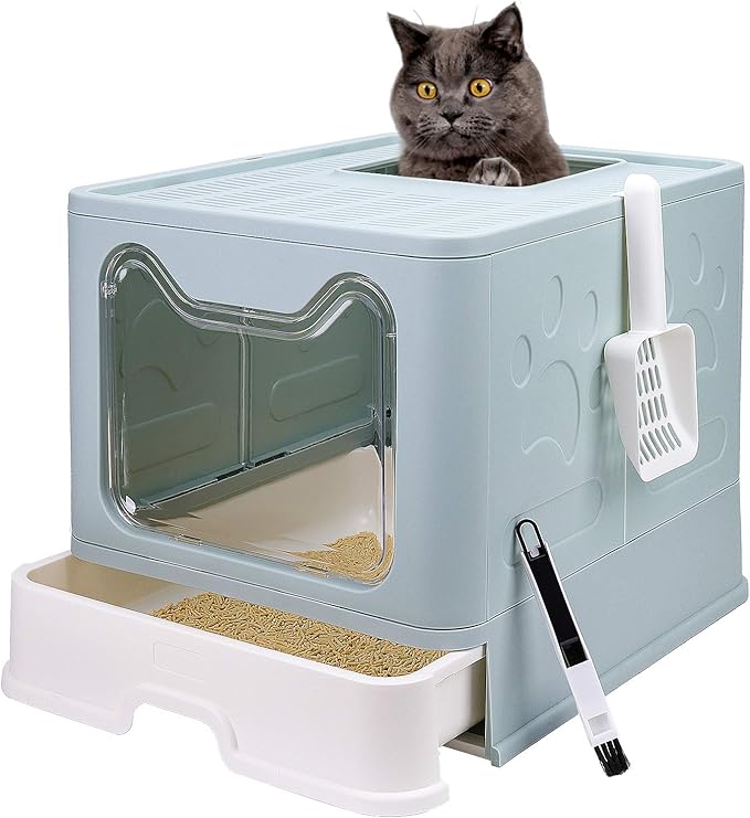 Foldable Cat Litter Box with Lid, Enclosed Potty, Large Top Entry Anti-Splashing Toilet, Easy to Clean Including Litter Scoop and 2-in-1 Cleaning Brush (Blue)-PawvioPets