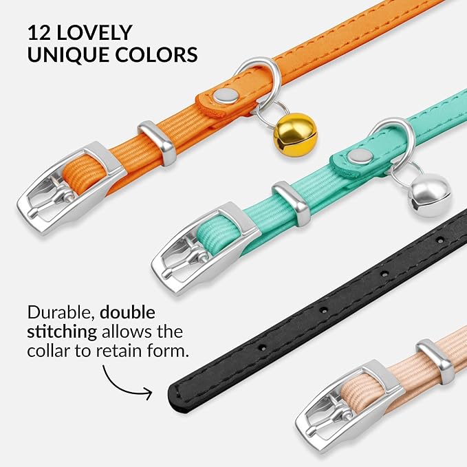 CollarDirect Leather Cat Collar with Bell - Kitten Small and Big Cat Collar for Boy Cats, Girl Cats with Safety Elastic Strap (Neck Fit 6"-7", Black)-PawvioPets