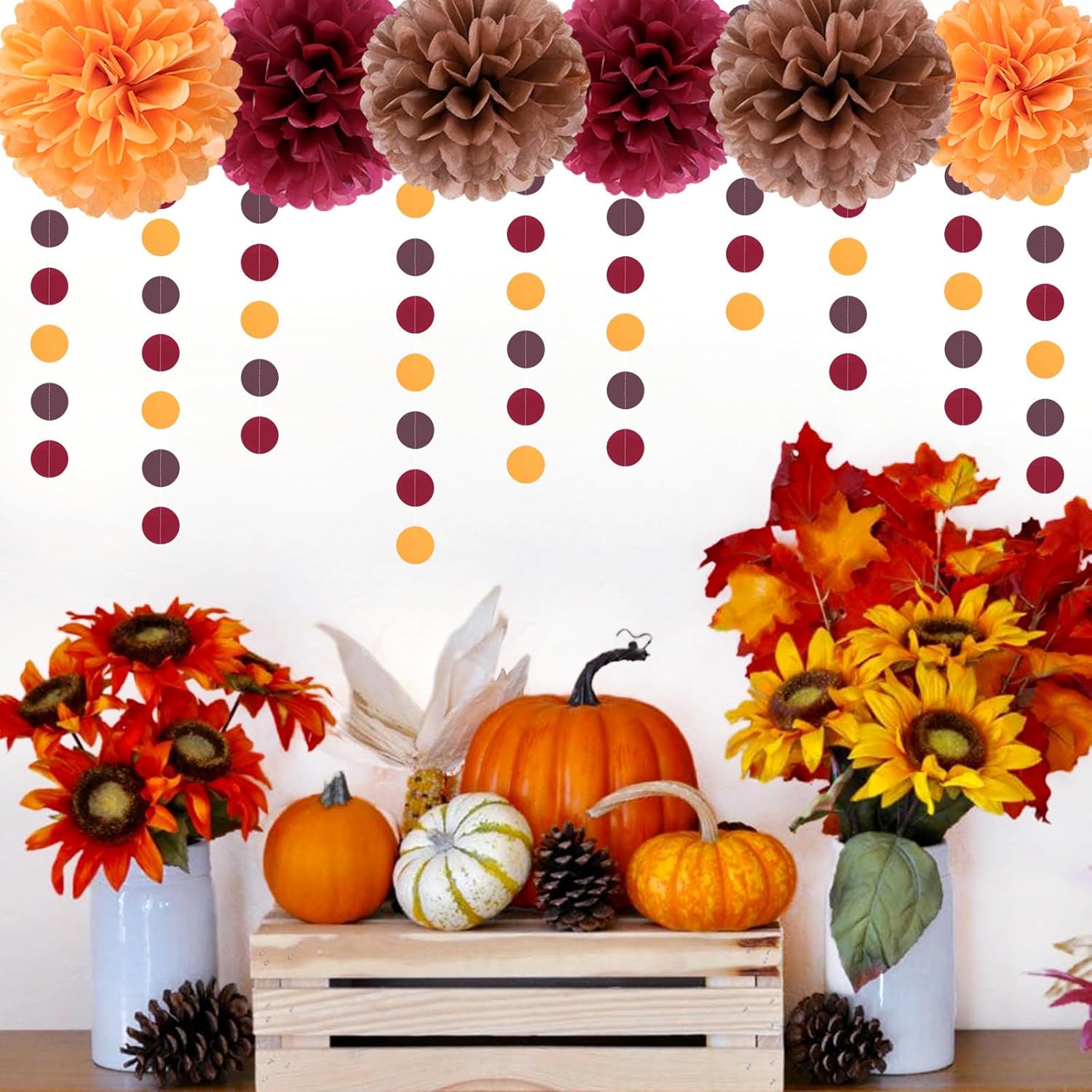 Brown Burgundy Orange Party-Decorations - 23pcs Fall Autumn Thanksgiving Harvest Paper Tissue Pom Poms Streamers,Rustic Boho Wedding Tassel Garland Banner,Birthday Baby Shower Decor Lasting Surprise