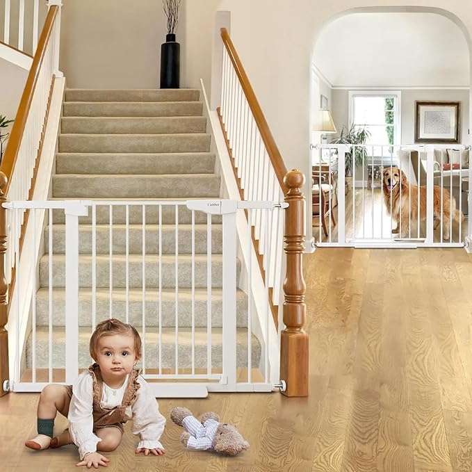 Cumbor 2 Pack 29.7-46" Baby Gate for Stairs, Mom's Choice Awards Winner-Auto Close Dog Gate for doorways, Easy Install Pressure Mounted Pet Gates indoor, Easy Walk Thru Wide Safety Gate for Dog, White-PawvioPets