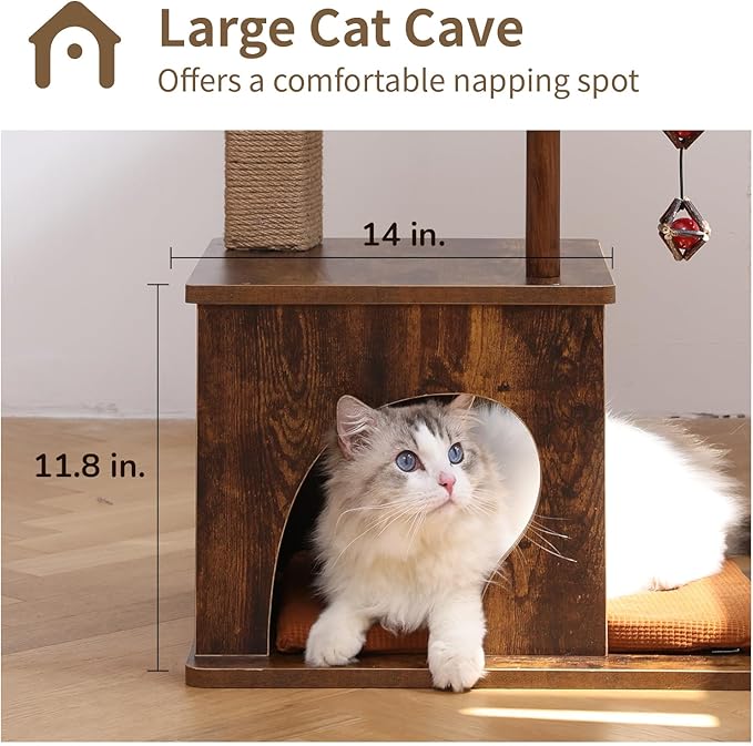 FUKUMARU Cat Tree, 4 in 1 Large Modern Cats Tower with Jute Scratching Post and Hammock, Wood Cat Condo with silvervine Balls, Brown Cat Climber Stand Playhouse for Indoor Cats, Retro Style-PawvioPets