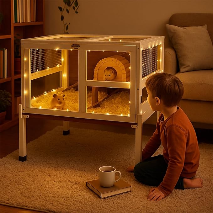 2-Story Guinea Pig Cage with Stand, Indoor Wooden Hamster Cage with Ramp, Pull-Out Tray, Hideout & Platform, Acrylic Transparent Small Animal Habitat for Chinchillas, Ferrets, Hedgehogs, Walnut-PawvioPets