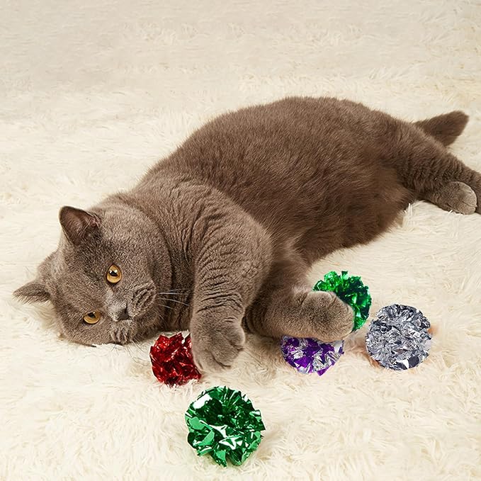 Andiker Cat Crinkle Balls, 2.36 Inches 6 Colors 12pcs Cat Balls Chew and Chase Kitten Mylar Crinkle Ball Lightweight Cats Toys for Indoor Cats to Keep Fit and Active(12pcs)-PawvioPets