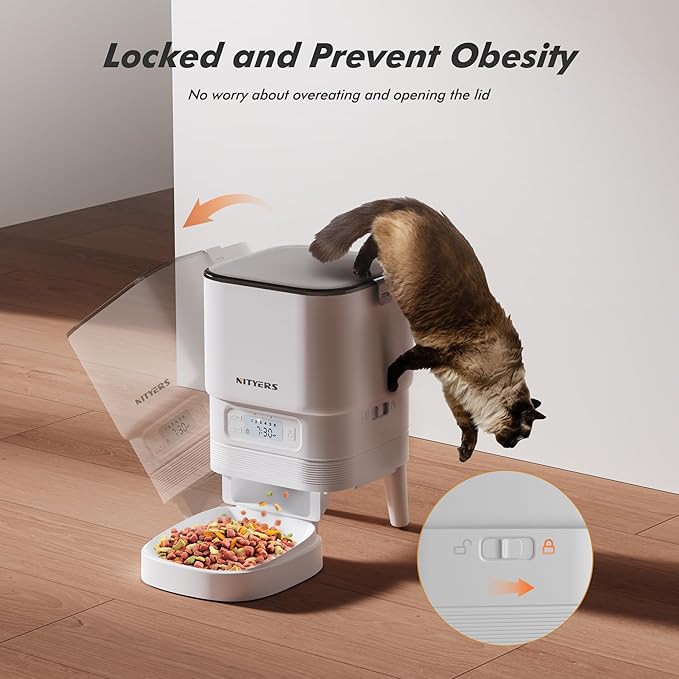 Automatic Cat Feeder - Nityers 4L Timed Cat Dry Food Dispenser, Programmable Portion Size,1-6 Meals Per Day, Dual Power Supply, Detachable Washable, Auto Pet Feeder for Cats and Small Dogs-PawvioPets