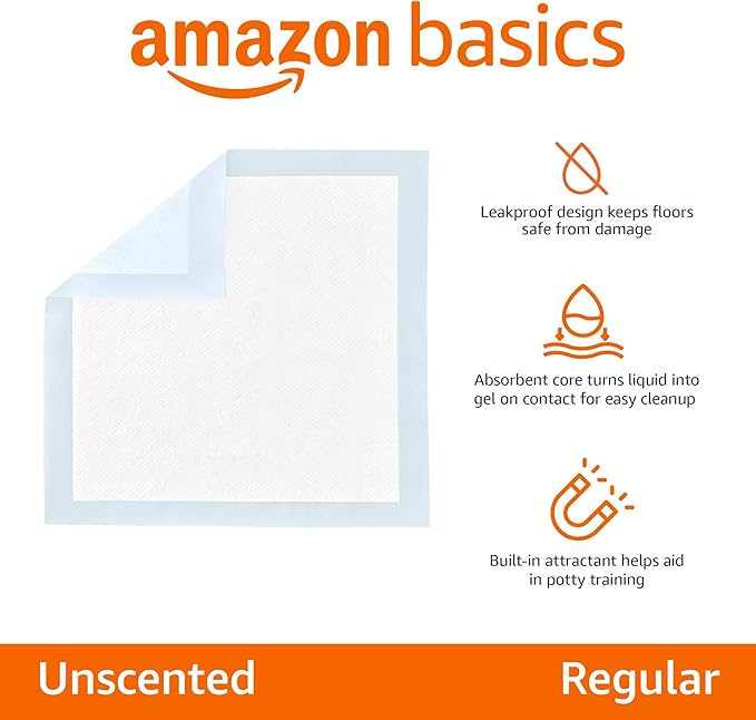 Amazon Basics Dog and Puppy Pee Pads, 5-Layer Leak-Proof Super Absorbent, Quick-Dry Surface, Potty Training, Regular (22x22"), 100 Count, Blue & White-PawvioPets