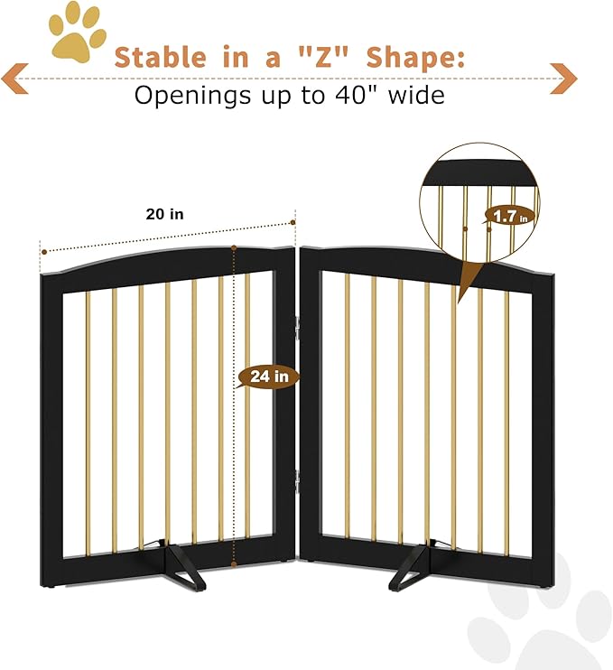 Freestanding Pet Gate for Dogs, Foldable Wooden Dog Gate for House, Stairs, Doorways, Step Over Pet Puppy Safety Fence,Support Feet Included,24" Height 2 Panels, Black&Gold-PawvioPets