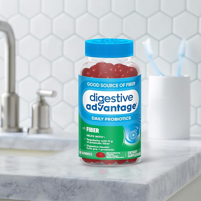 Digestive Advantage Prebiotic Fiber Gummies + Probiotics for Gut Health, 5g Prebiotic Fiber Plus 1 Billion CFU Probiotic, Supports Digestive Health & Regularity, (60ct Bottle) Strawberry Flavor*-PawvioPets