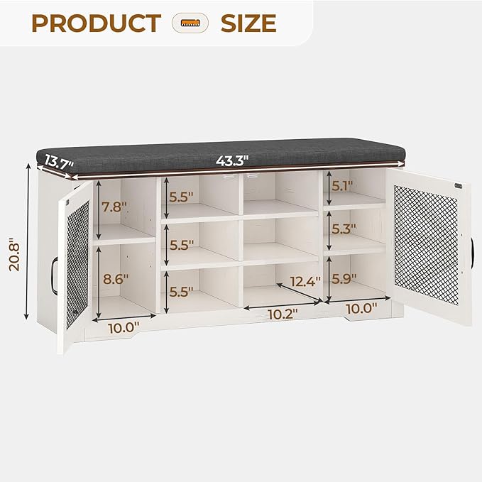Farmhouse Storage Bench with Cushion, Metal and Wood Shoe Rack Organizer, Adjustable Shelf, Shoe Cabinet with Half Hidden Storage Space, for Entryway, Bedroom, Living Room (Old White, 43.3in)-PawvioPets