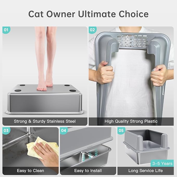 Enclosed Stainless Steel Cat Litter Box with Lid, XL Extra Large Litter Box for Big Cats, Metal Litter Pan High Sided, Never Absorbs Odors, Anti-Urine Leakage, Include Scoop (SH-Light Gray)-PawvioPets