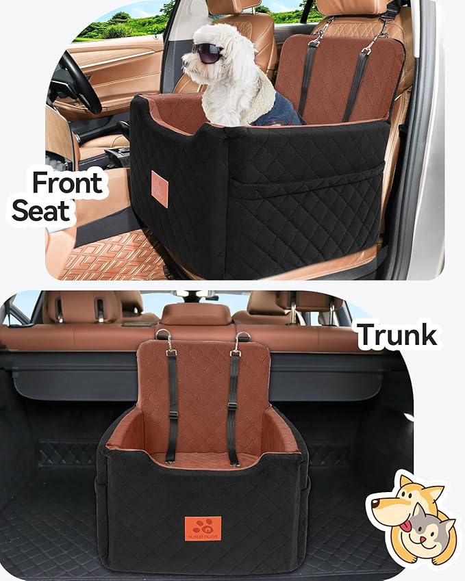 Dog Car Seat for Small/Medium Dogs Under 35lbs,Memory Foam Dog Booster Seats,Detachable and Washable Traval Pet Car Seat, Dogs Bed with 2 Safety Belts(Balck/Brown)-PawvioPets