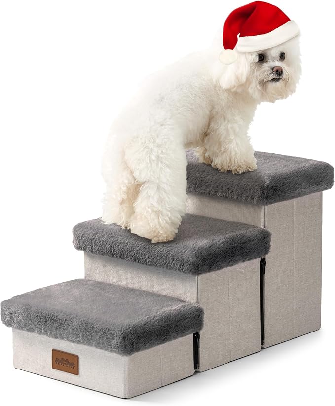 Dog Stair for Small Dogs with Storage, Foldable Pet Step with Soft Cover, Older Cat Ramp for Chair Couch Sofa, Lightweight, Durable, Comfort, 24.8x13x13.6 inch, 3 Tiers, Grey-PawvioPets