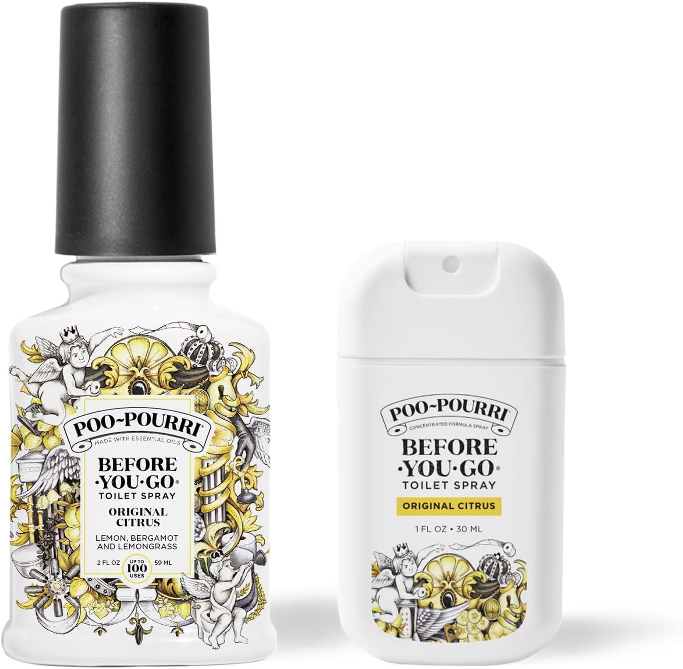 Poo-Pourri Before-you-Go Toilet Spray Bundle, Original Citrus 2 Fl Oz and Original Citrus 1 Fl Oz Pocket Travel Size - Lemon, Bergamot and Lemongrass