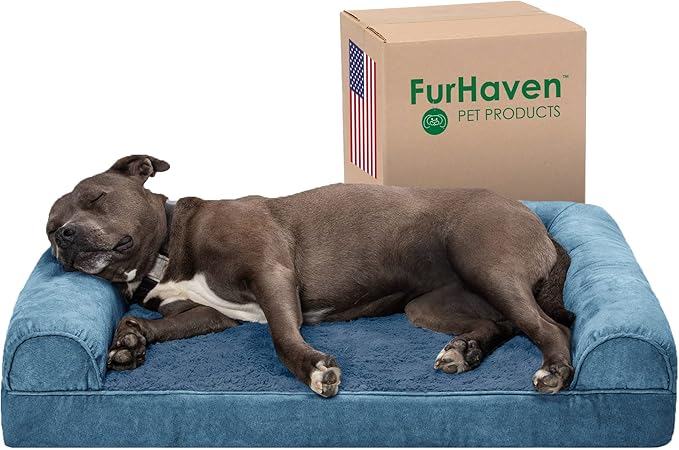 Furhaven Orthopedic Dog Bed for Large/Medium Dogs w/ Removable Bolsters & Washable Cover, For Dogs Up to 55 lbs - Faux Fur & Velvet Sofa - Harbor Blue, Large-PawvioPets