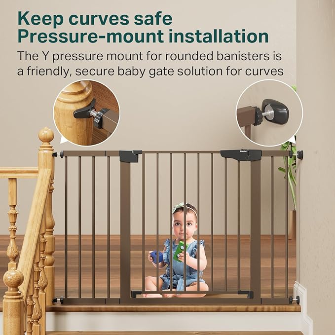 Cumbor 29.7-48" Baby Gate for Stairs, Mom's Choice Awards Winner-Dog Gate for Doorways, Auto Close Safety Pet Gate for Dogs Indoor, Easy Install Pressure Mounted Child Gate with Walk Thru Door, Brown-PawvioPets