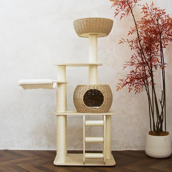 54 Inch Cat Tree for Indoor Cats, Tall Wooden Cat Tower with Scratching Posts, Rattan Condo and Perch, Multi-Level Cat Climber, Stylish Pet Furniture-PawvioPets
