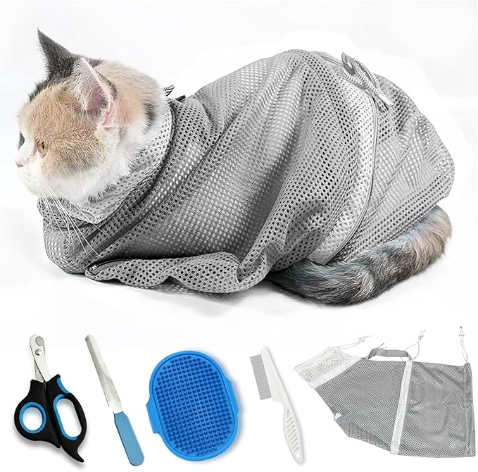 Adjustable Multifunctional Anti-Bite Shower net Bag，Cat Grooming Mesh Bag, Cat Bathing Bag，Cat Bath Brush and Cat Nail Clipper-PawvioPets