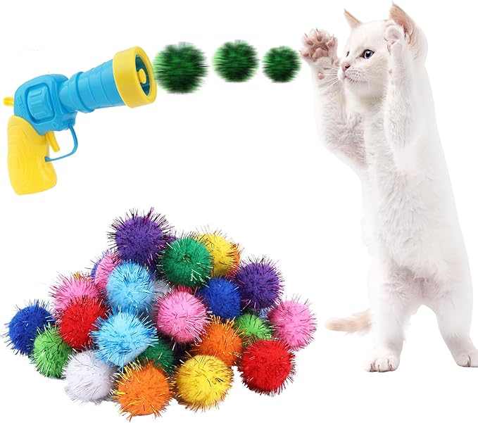 Dorhui Cat Toy Gun Launcher - 30 Pcs Sparkle Pom Pom Balls and Ball Launcher, Fetch Toy Gun Shooter, Interactive Glitter Balls for Indoor Cats and Kitty Gifts-PawvioPets