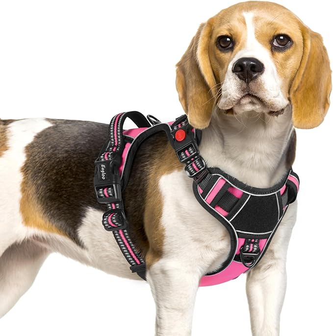 Eagloo Dog Harness Small Sized, Easy Wearing with 3 Buckles, Adjustable No Pull Pet Harness with 2 Rings for Walking, No Chock Reflective Soft Padded Vest with Control Handle, Pink & Black, S-PawvioPets