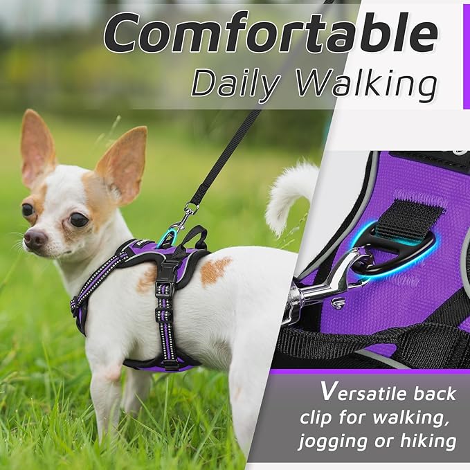 Eagloo Small Dog Harness No Pull, Service Vest with Reflective Strips and Control Handle, Adjustable and Comfortable for Easy Walking, No Choke Pet Harness with 2 Metal Rings, Purple, XS-PawvioPets