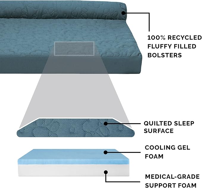 Furhaven Cooling Gel Dog Bed for Large Dogs w/ Removable Bolsters & Washable Cover, For Dogs Up to 95 lbs - Pinsonic Quilted Paw L Shaped Chaise - Bluestone, Jumbo/XL-PawvioPets