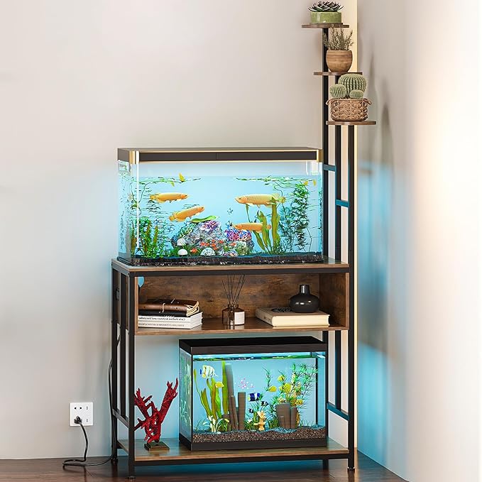 Aquarium Stand with Plant Shelves,20-Gallon Fish Tank Stand with 2-Tier Storage and Display Racks,Metal Frame Reptile Tank Table with Tall Plant Holders,Industrial Rack for Home,Office-PawvioPets